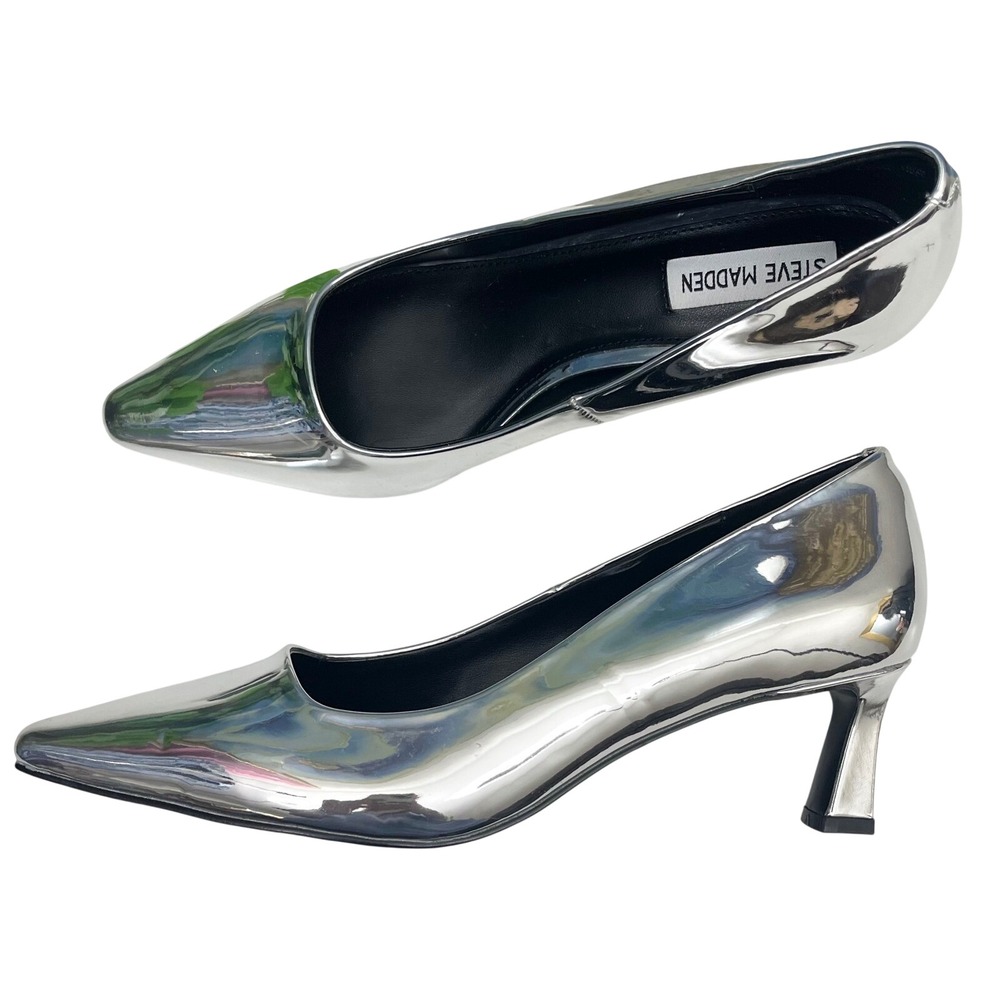 New Steve‎ Madden Womens Pointed Toe Kitten Heel Pumps in Silver Patent Size 8.5
